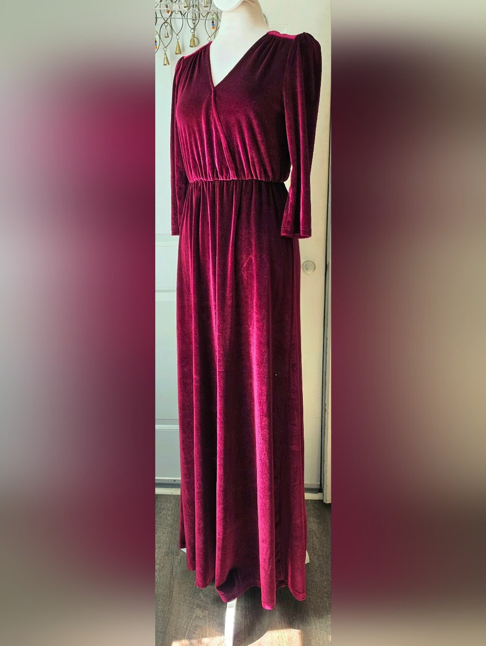 Baltic Born Sophia Velvet Faux Wrap Maxi Dress In Red Wine Women's S 3/4 Sleeve - Picture 2 of 13